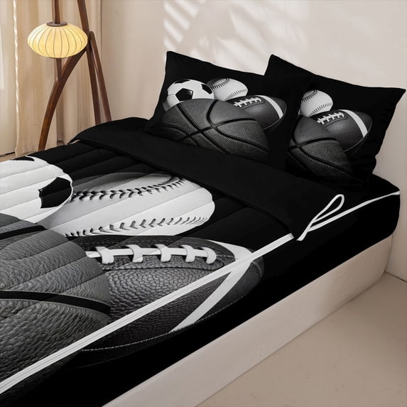 Homewish Cartoon Sports Balls Zipper Twin Comforter Sets with Fitted Sheet and 2 Pillowcases, Black Football Zipper Bedding Set for Men and Women, Black Reversible, 4-Piece