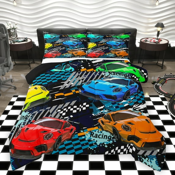 Homewish Cartoon Sports Car Bedding Comforter Set, Automobile Twin Comforter Sets, Checkeres Stripes Graffiti Reversible Bedding Set, Breathable Home Decor, 2pcs