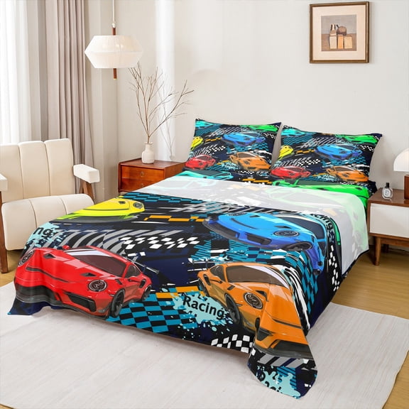Homewish Cartoon Sports Car Full Size Sheets, Automobile Bed Sheets, Checkeres Stripes Graffiti Sheet Sets, Breathable Home Decor, 4pcs