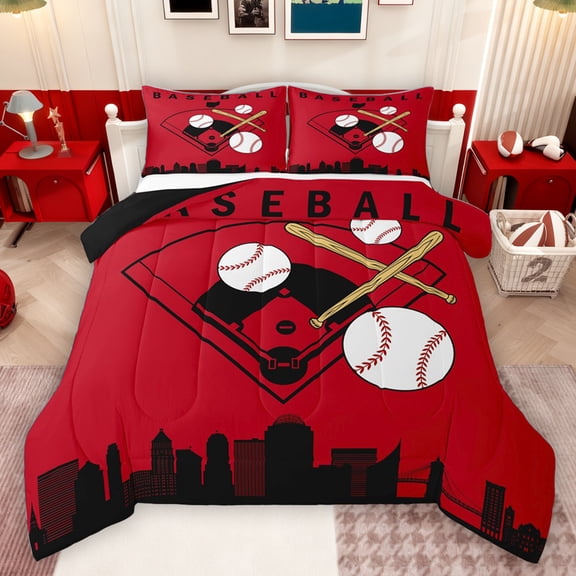 Homewish Cartoon Sports Teens Queen Comforter Set, Red Black Stripes Abstract Bedding Sets, Baseball Player Reversible Bedding Comforter Set, Breathable Home Decor, 3 Pieces