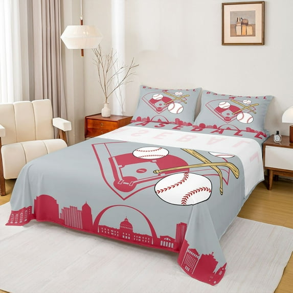 Homewish Cartoon Sports Teens Twin Sheet Sets, Grey Red Stripes Abstract Twin Fitted Sheet, Baseball Player Flat Sheet, Ultra Soft Bedroom Decor, 3 Pieces