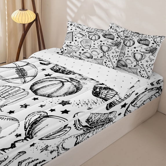 Homewish Cartoon Sports Zipper Twin Comforter Sets with Fitted Sheet and 2 Pillowcases, White Rugbt Football Zipper Bedding Set for Boys and Girls, Reversible, 4 Pieces