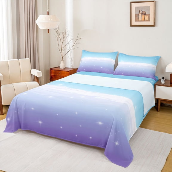 Homewish Cartoon Starry Night Twin Sheet Sets,Purple White Blue Twin Fitted Sheet,Modern Aesthetic Art Flat Sheet Forgirl,Luxury Bedroom Decor,3pcs