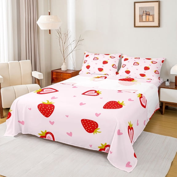 Homewish Cartoon Strawberry Fruit Bed Sheets, Romantic Love Heart King Sheets, Girly Pink Cartoon Sheet Set, Breathable Home Decor, 4pcs