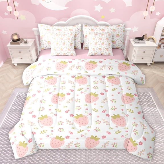 Homewish Cartoon Strawberry Teen Bedding Comforter Set 7pcs, Rustic Floral Flower King Bedding Sets, Kawaii Princess Ttyle Reversible Bed Sheets, Microfiber Bedroom Decor