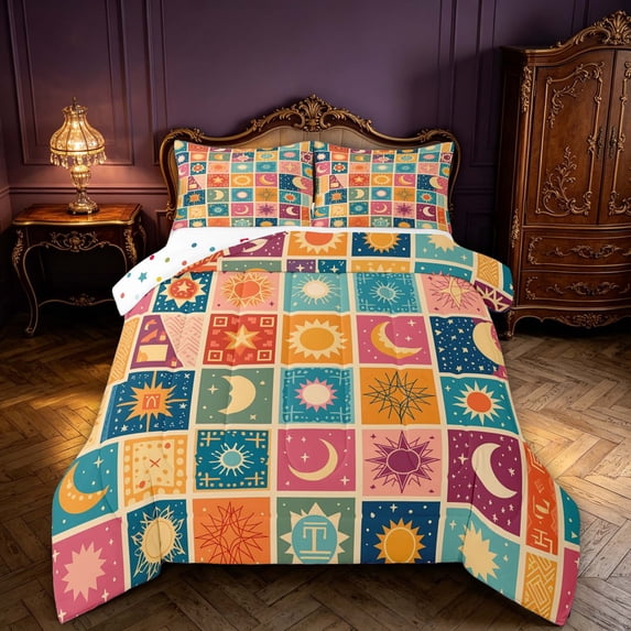Homewish Cartoon Sun and Moon Queen Comforter Set for Kids, Colorful Patchwork Comforter Sets Queen, Polka Dots Reversible 3 Piece, 1 Comforter and 2 Pillowcases