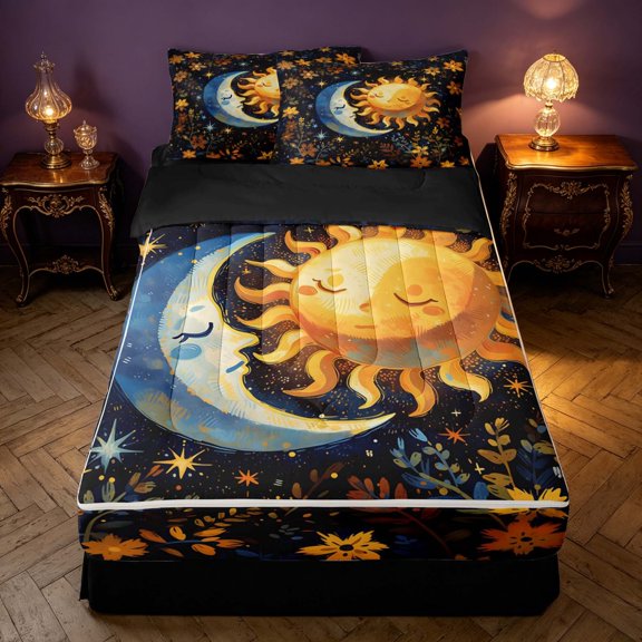 Homewish Cartoon Sun and Moon Zipper Twin Comforter Sets with Fitted Sheet and 2 Pillowcases for Kids, Chic Floral Flower Zipper Bedding Set, Black Reversible