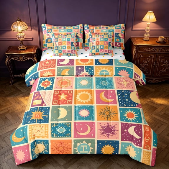Homewish Cartoon Sun and Moon King Bedding for Kids, Colorful Patchwork King Bed in a Bag, Polka Dots Reversible 7-Piece