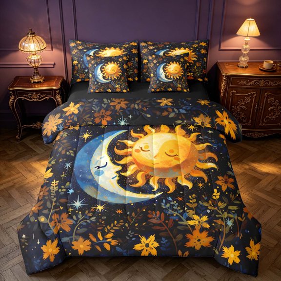 Homewish Cartoon Sun and Moon Twin Bedding for Kids, Chic Floral Flower Bedding Comforter Set, Black Reversible 7pcs