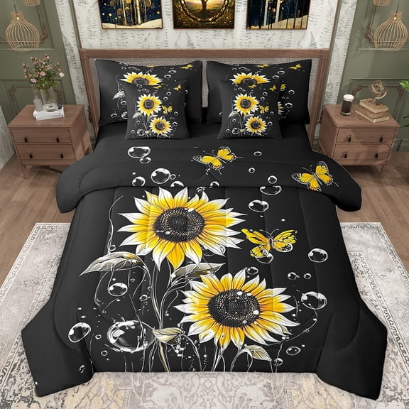 Homewish Cartoon Sunflower Teen Bedding Comforter Set 7 Pieces, Dreamy Butterfly Animal Full Bedding Set, Rustic Plant Botanical Reversible Fitted Sheet Flat Sheet, Super Cozy Room Decor