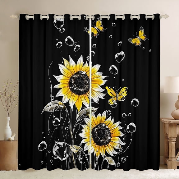 Homewish Cartoon Sunflower Teen Black Out Curtains, Dreamy Butterfly Animal Curtains Pack of 2 (42x63 Each), Rustic Plant Botanical Bedroom Curtains, Window Curtains Decor