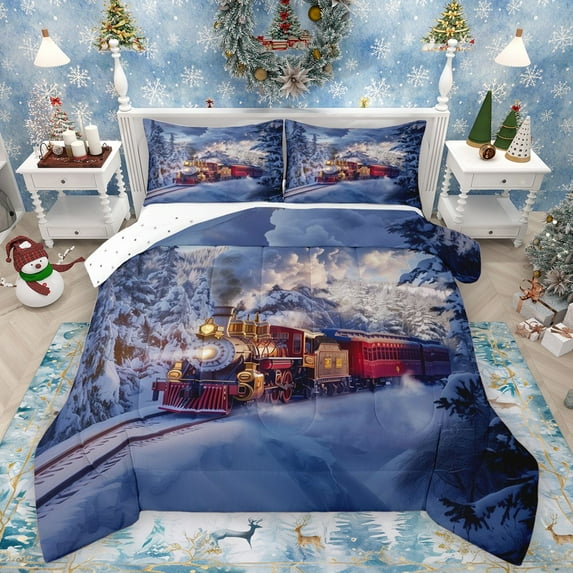 Homewish Cartoon Train Bedding Comforter Set 2pcs for Teens Boys Girls,Steam Engine Railway Twin Comforter Sets Microfiber,Merry Christmas Breathable Bedding Set,Microfiber Bedroom Decor,Reversible