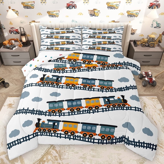 Homewish Cartoon Train Boy Bedding Comforter Set 2pcs,Steam Engine Railway Twin Comforter Sets Microfiber,Car Theme Breathable Bedding Set,Luxury Bedroom Decor,Reversible