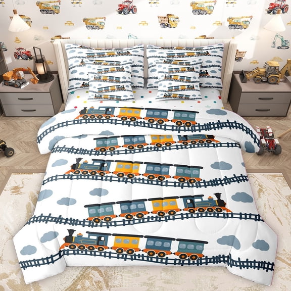 Homewish Cartoon Train Boy Twin Bedding Sets 7-Piece,Steam Engine Railway Bedding Comforter Set Microfiber,Car Theme Breathable Sheet Sets,Luxury Bedroom Decor,Reversible