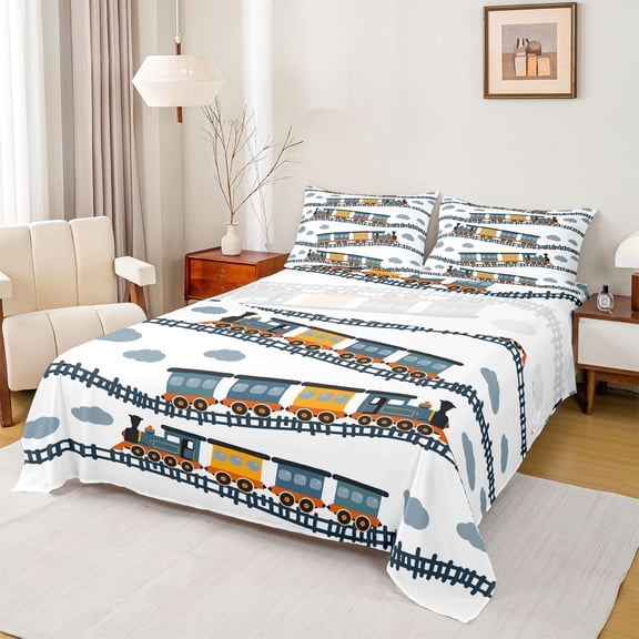 Homewish Cartoon Train Boy Twin Sheet Sets 3pcs,Steam Engine Railway Twin Fitted Sheet Microfiber,Car Theme Breathable Flat Sheet,Luxury Bedroom Decor