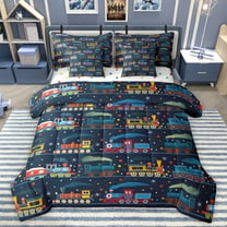 Homewish Cartoon Train Car 7-Piece Twin Bedding Sets,Multicolor Polka Dots Bedding Comforter Set,Deepblue Orange Sheet Sets For Boys Kids,Luxury Bedroom Decor Reversible