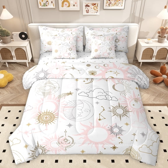 Homewish Cartoon Tribal Moon Bedding Comforter Set 7 Pieces for Teens, Constellation Stars Sun Full Bedding Set, Hippie Bohemian Style Reversible Fitted Sheet Flat Sheet, Luxury Bedroom Decor