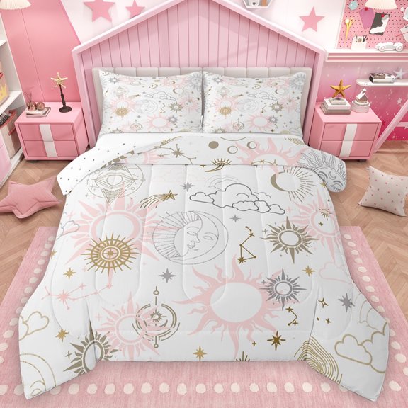 Homewish Cartoon Tribal Moon Full Size Comforter Sets for Teens, Constellation Stars Sun Bedding Comforter Set, Hippie Bohemian Style Reversible Bedding Sets, Luxury Bedroom Decor, 3 Pieces