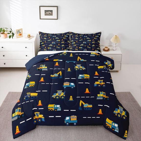 Homewish Cartoon Truck Boy Bedding Comforter Set 2pcs,Construction Vehicles Twin Comforter Sets Microfiber,Car Theme Breathable Bedding Set,Luxury Bedroom Decor,Reversible