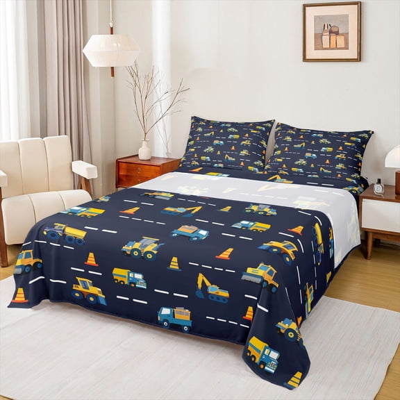 Homewish Cartoon Truck Boy Full Size Sheets 4-Piece,Construction Vehicles Breathable Bed Sheets,Car Theme Lightweight Sheet Sets,Luxury Bedroom Decor