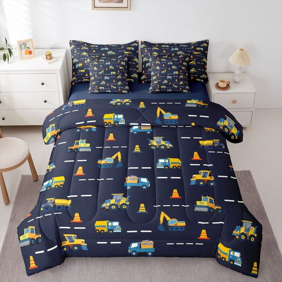 Homewish Cartoon Truck Boy Twin Bedding Sets 7-Piece,Construction Vehicles Bedding Comforter Set Microfiber,Car Theme Breathable Sheet Sets,Luxury Bedroom Decor,Reversible