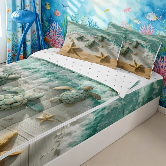 Homewish Cartoon Turtles Zipper Twin Comforter Sets with Fitted Sheet and 2 Pillowcases for Teens,Boys Girls Coastal Beach Starfish Zipper Bedding Set,4-Piece