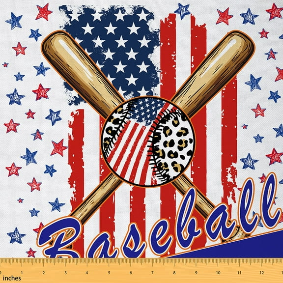 Homewish Cartoon US Flag Baseball Fabric by the Yard 1 Yard, Kawaii Stars Print Room Decor Fabric by the Yard, Teens Boys Girls Kids Sewing Fabric, Luxury Bedroom Decor