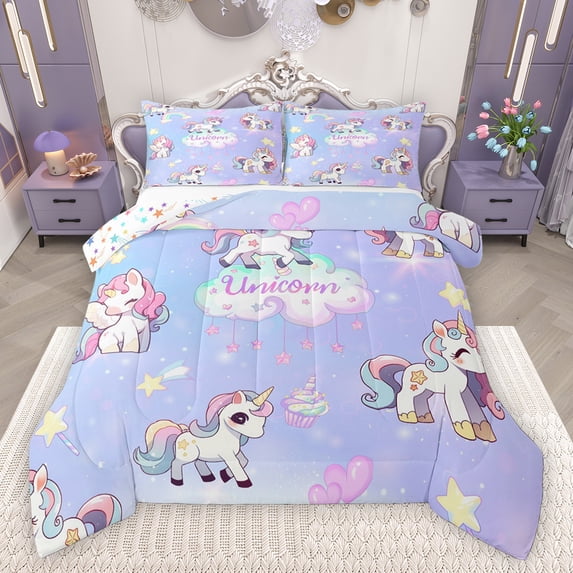 Homewish Cartoon Unicorn 3 Pieces Queen Comforter Set for Preppy Child,Starry Sky Ultra Soft Bedding Sets,Dreamy Princess Bedding Comforter Set Breathable,Ultra Soft Home Decor,Reversible