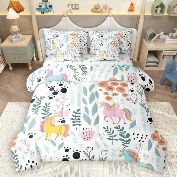 Homewish Cartoon Unicorn 7pcs Bedding Comforter Set for Preppy Children Kids,Dreamy Princess Queen Bedding Sets Super Cozy,Kawaii Animal Queen Sheet Sets,Luxury Bedroom Decor,Reversible
