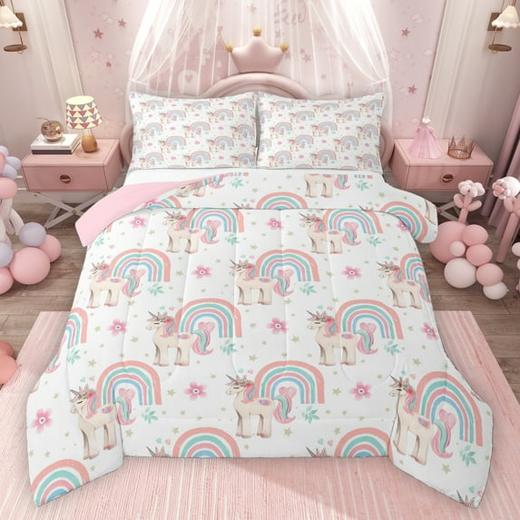 Homewish Cartoon Unicorn Bedding Comforter Set 2pcs for Preppy Child,Kawaii Rainbow Twin Comforter Sets Microfiber,Chic Floral Flowers Breathable Bedding Set,Breathable Home Decor,Reversible