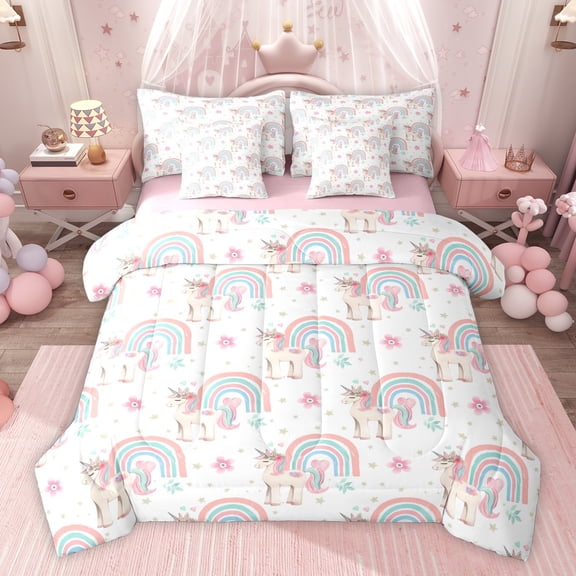Homewish Cartoon Unicorn Bedding Comforter Set 7-Piece for Preppy Child,Kawaii Rainbow King Bedding Sets,Chic Floral Flowers Ultra Soft Bed Sheets,Breathable Home Decor,Reversible