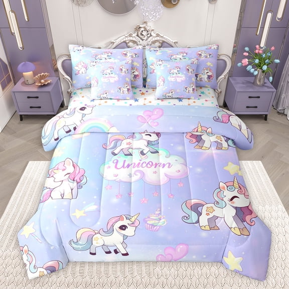 Homewish Cartoon Unicorn Bedding Comforter Set 7-Piece for Preppy Child,Starry Sky King Bedding Sets,Dreamy Princess Ultra Soft Bed Sheets,Ultra Soft Home Decor,Reversible