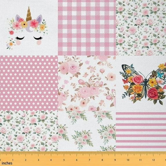 Homewish Cartoon Unicorn Butterflies Fabric by the Yard 1 Yard,Colorful Flower Floral Home Decor Fabric by the Yard,Geometric Plaid Grid Sewing Fabric For Girls Kids,Super Cozy Room Decor