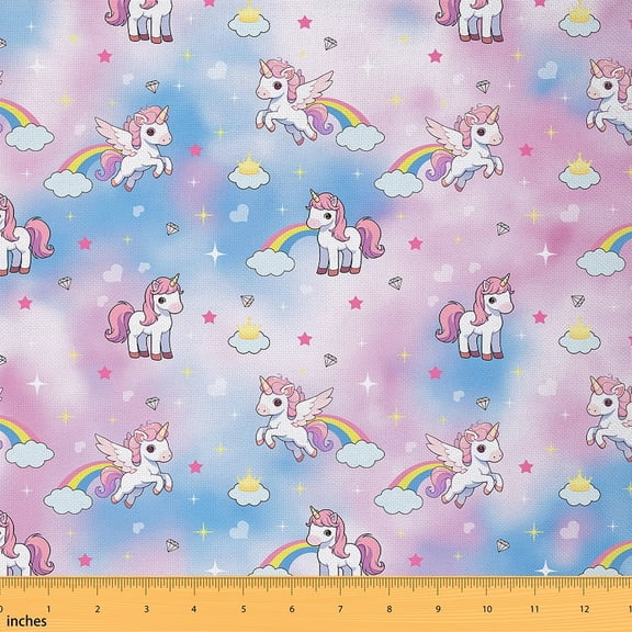 Homewish Cartoon Unicorn Fabric by the Yard 1 Yard,Colorful Rainbow Home Decor Fabric by the Yard,Stars Diamond Print Sewing Fabric For Girls Teens,Breathable Home Decor