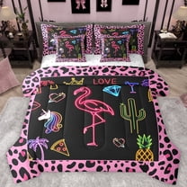 Homewish Cartoon Unicorn Flamingo 7-Piece Twin Bedding Sets,Chic Leopard Print Bedding Comforter Set,Tropical Botanical Cacrus Sheet Sets For Girls Kids,Microfiber Bedroom Decor