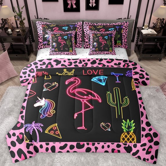 Homewish Cartoon Unicorn Flamingo 7-Piece Twin Bedding Sets,Chic Leopard Print Bedding Comforter Set,Tropical Botanical Cacrus Sheet Sets For Girls Kids,Microfiber Bedroom Decor