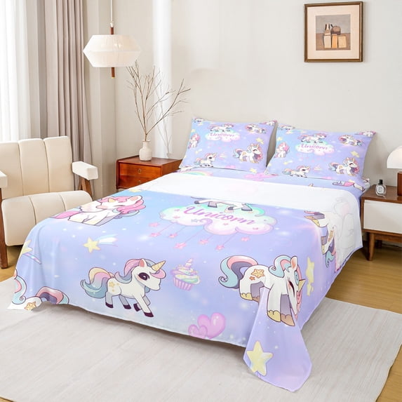 Homewish Cartoon Unicorn Full Size Sheets 4-Piece for Preppy Child,Starry Sky Breathable Bed Sheets,Dreamy Princess Lightweight Sheet Sets,Ultra Soft Home Decor