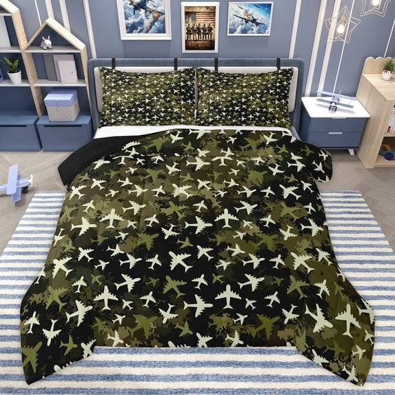 Homewish Cartoon Vehicle Plane Full Size Comforter Sets, Aircraft Helicopter Bedding Comforter Set, Green Camo Watercolor Reversible Bedding Sets, Breathable Home Decor, 3-Piece