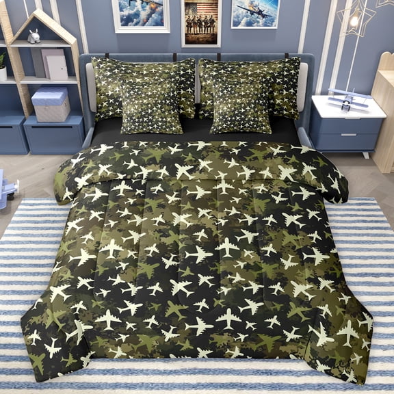 Homewish Cartoon Vehicle Plane Twin Bedding Sets 7-Piece, Aircraft Helicopter Bedding Comforter Set, Green Camo Watercolor Reversible Sheet Sets, Breathable Home Decor