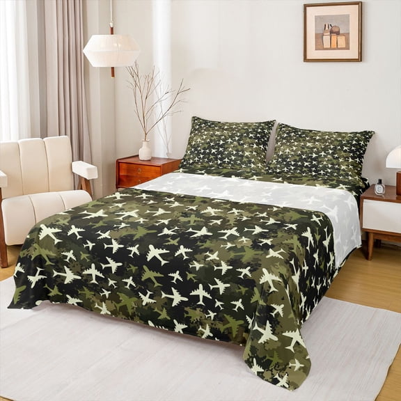 Homewish Cartoon Vehicle Plane Twin Sheet Sets, Aircraft Helicopter Twin Fitted Sheet, Green Camo Watercolor Flat Sheet, Breathable Home Decor, 3-Piece