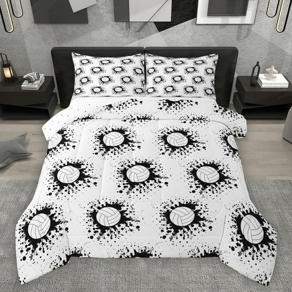 Homewish Cartoon Volleyball Print Queen Comforter Set for Kids, White Black Watercolor Bedding Sets, Sports Theme Reversible Bedding Comforter Set, Microfiber Bedroom Decor, 3-Piece