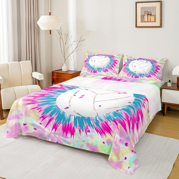 Homewish Cartoon Volleyball Sports Full Size Sheets for Kids, Pink Splash Watercolor Bed Sheets, Modern Fashion Sheet Sets, Lightweight Room Decor, 4-Piece