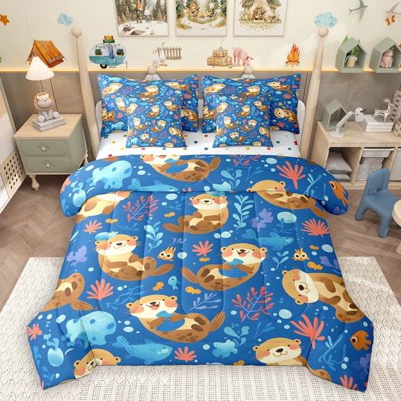 Homewish Cartoon Sloth 7-Piece King Bedding Set,Whale,Aquatic Plants,Luxury Reversible