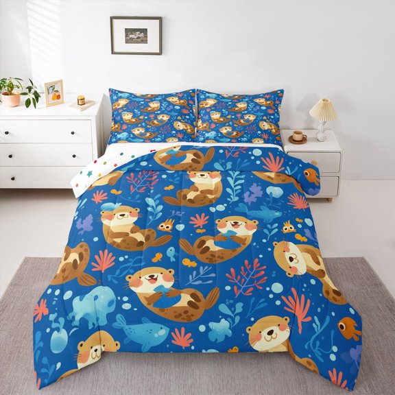 Homewish Cartoon Water Sloth Twin Comforter Set,Sealife Whale Aquatic Plants,Luxury Reversible Decor For Kids,2-Piece