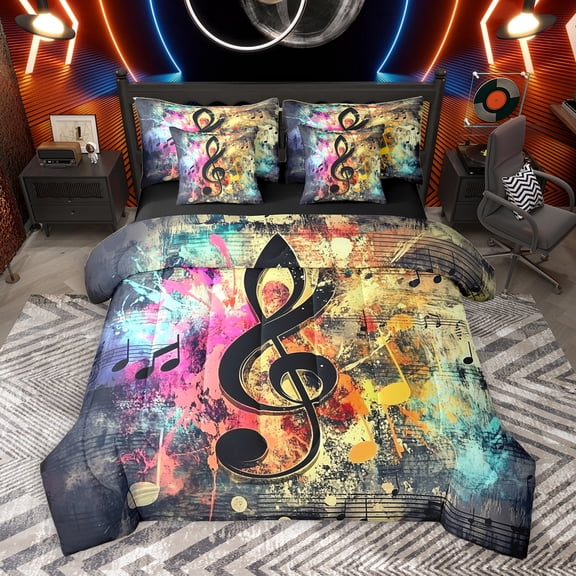 Homewish Cartoon Watercolor Graffiti Bedding Comforter Set 7pcs, Musical Note Music Queen Bedding Sets, Teens Kids Boys Girls Reversible Queen Sheet Sets, Microfiber Bedroom Decor