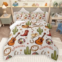 Homewish Cartoon Western Cactus Queen Comforter Set for Teen, Folk Country Music Bedding Sets, Cowgirl Boot Reversible Bedding Comforter Set, Ultra Soft Bedroom Decor, 3pcs