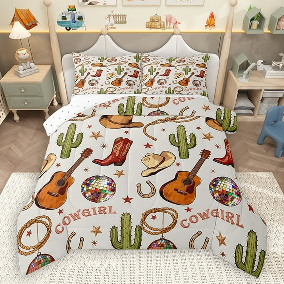 Homewish Cartoon Western Cactus Queen Comforter Set for Teen, Folk Country Music Bedding Sets, Cowgirl Boot Reversible Bedding Comforter Set, Ultra Soft Bedroom Decor, 3pcs