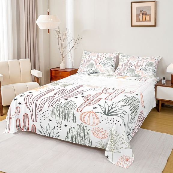 Homewish Cartoon Western Cactus Queen Sheet Sets, Kawaii Autumn Pumpkin Flat Sheet, Plant Botanical Queen Fitted Sheet, Breathable Home Decor, 4pcs
