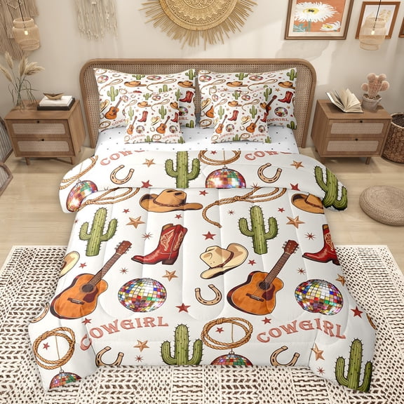 Homewish Cartoon Western Cactus Twin Bedding Sets 7-Piece for Teen, Folk Country Music Bedding Comforter Set, Cowgirl Boot Reversible Sheet Sets, Ultra Soft Bedroom Decor