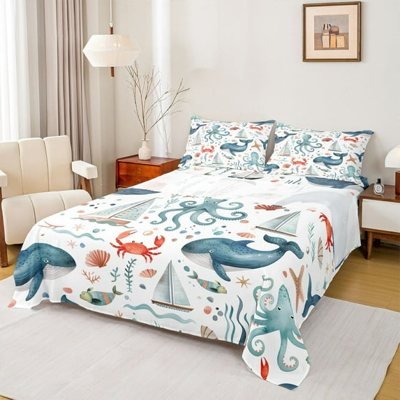 Homewish Cartoon Whale Octupus Bed Sheets for Kids, Kawaii Marine Sealife King Sheets, Cute Funny Crab Sheet Set, Breathable Home Decor, 4 Pieces